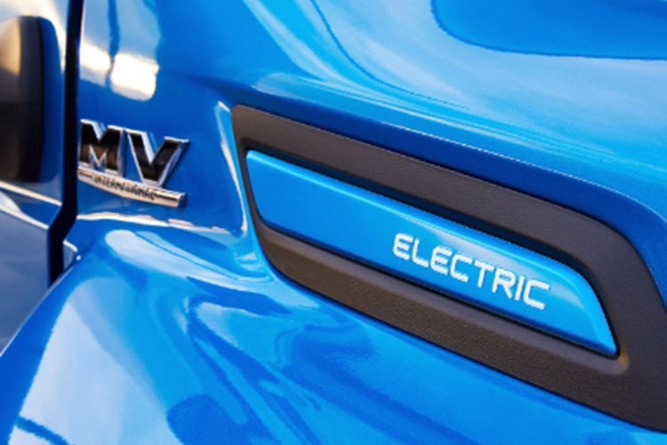Blue eMV Series Truck with Electric on Side